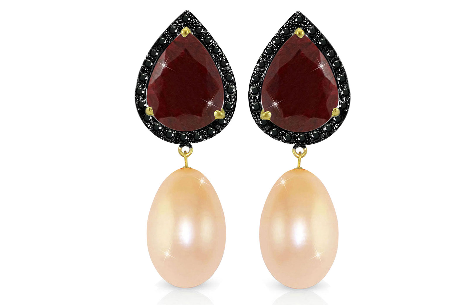 Vera Perla 18K Gold 0.24ct Black Diamonds, Ruby and 13mm Pink Pearl Earrings
